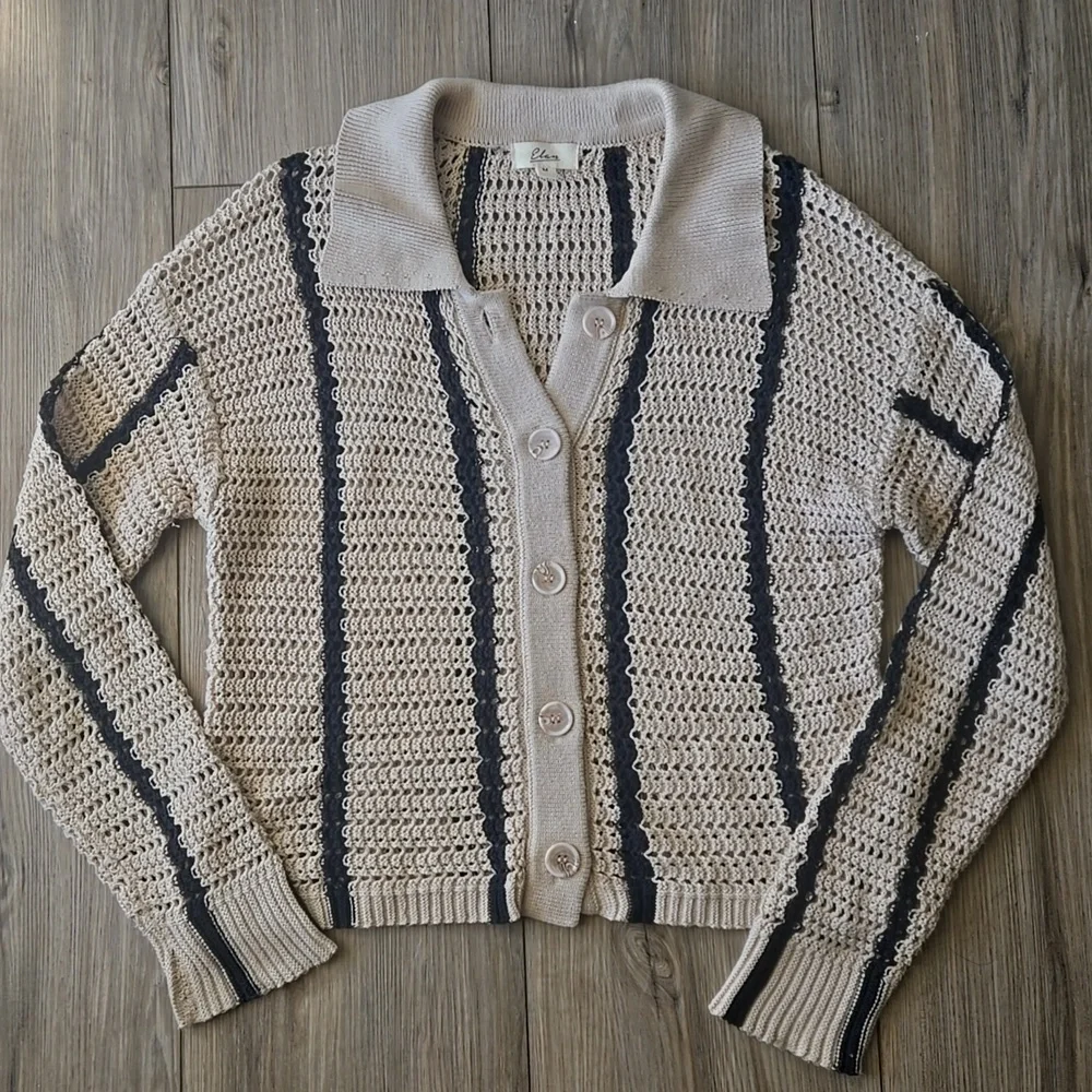 Elan Crochet Loose Knit Button Down Grandpa Sweater